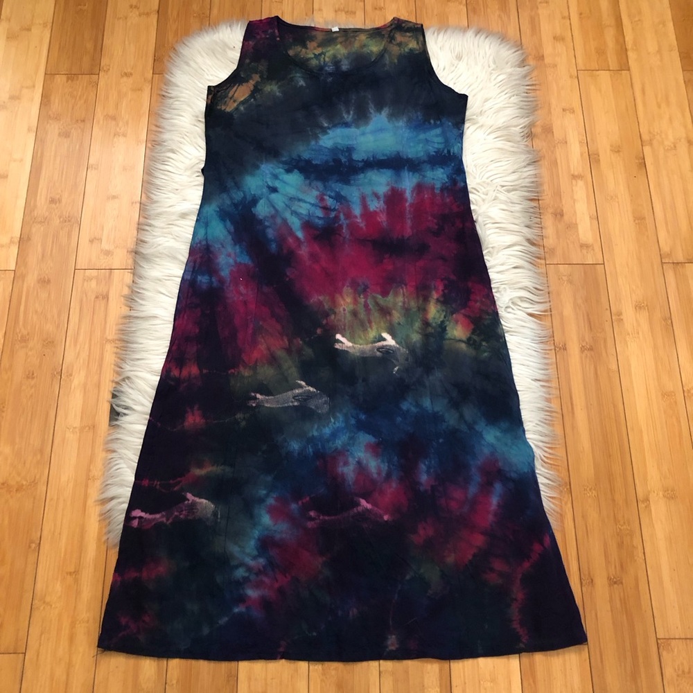 Handmade Dolphin Novelty Vacation Beach Multicolor Tie-Dye Midi Dress S NWOT